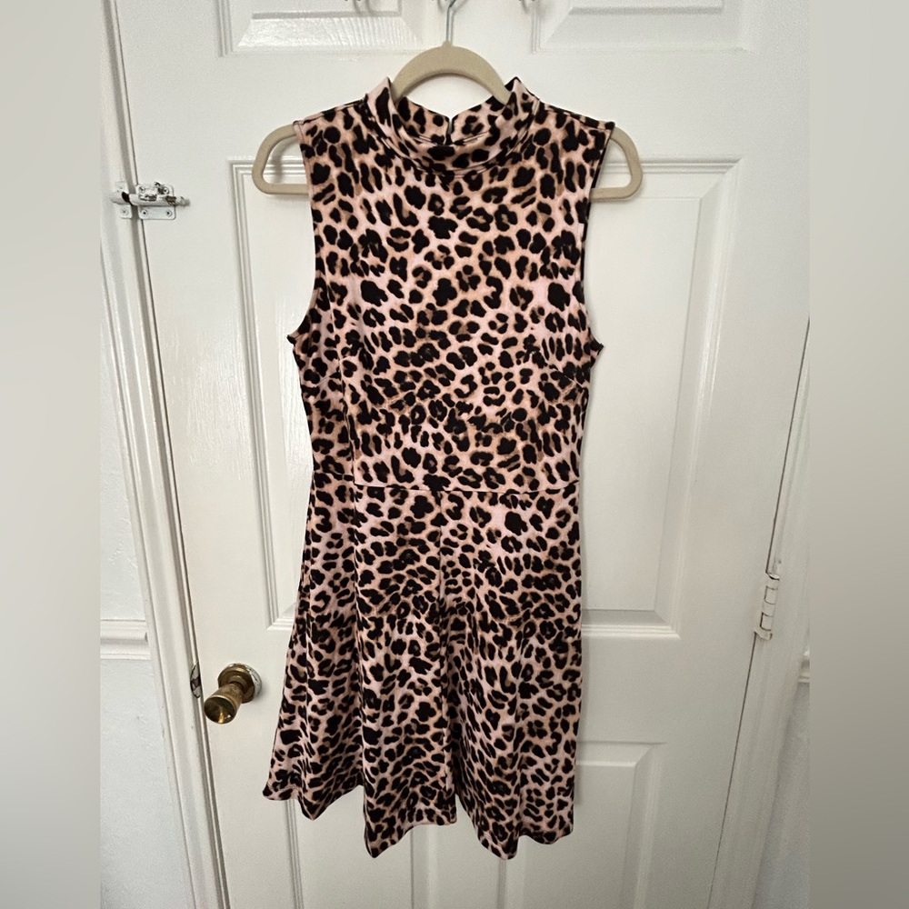 New York & Company Tan and Black Leopard Mock Neck Sleeveless Dress